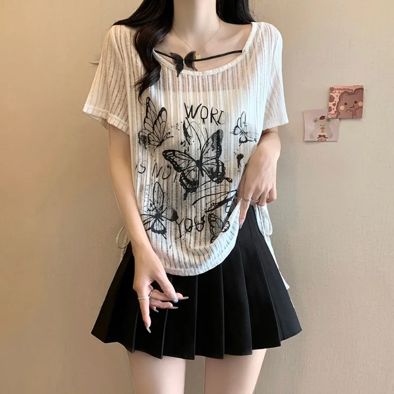 2024 Chiffon T-shirts Women New Short Sleeve Butterfly Printed Drawstring Tops Office Lady Loose Versatile Casual Tops Female