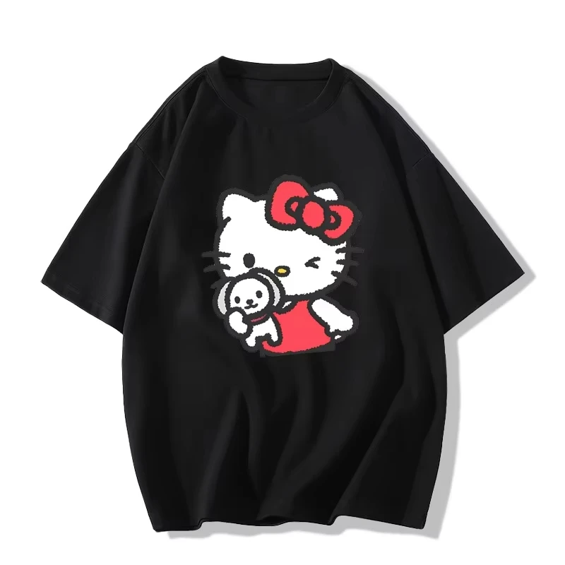 Men Cute Women's T-Shirt Summer Hello Kitty Cat Casual Student Loose 100% Cotton Cartoon Tops Casual Fashion Street Women's Gym