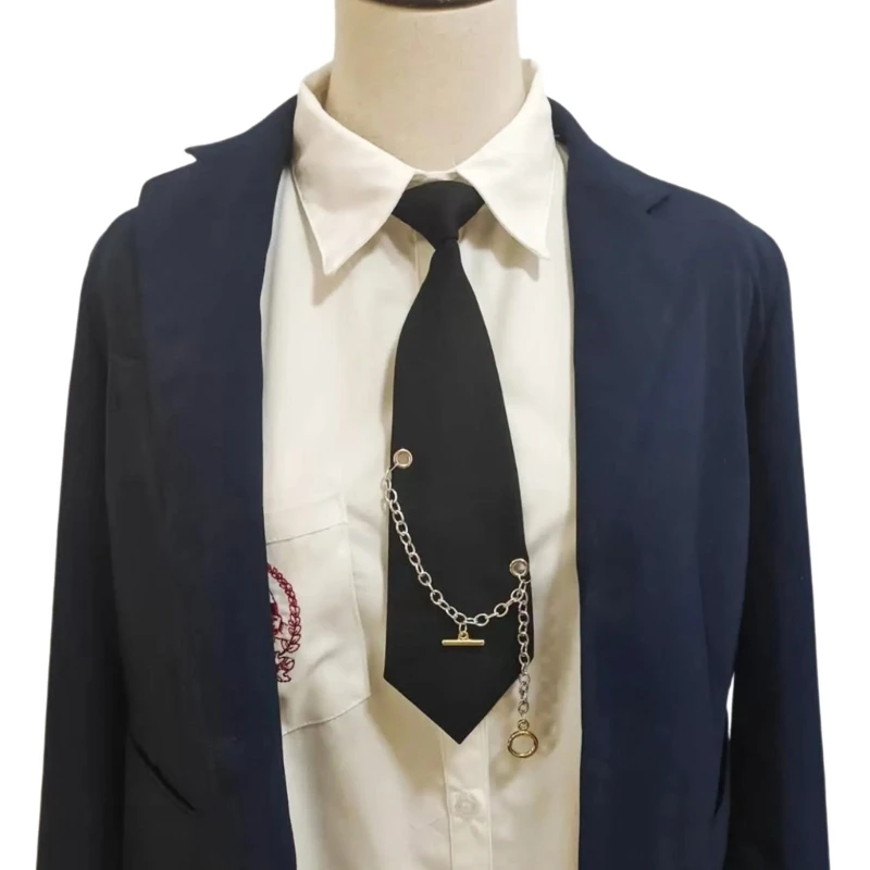 

Japanese Punk Black Necktie with Metal Chain Neck Tie Student Uniform Adjustable Pre Tied Neck Tie Shirt Collar Neckwear