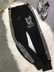 Fall Winter Fleece-lined Thickened Black Sweatpants Women Light Luxury Heavy Industry Striped Rhinestone Ankle Tied Sports Pants