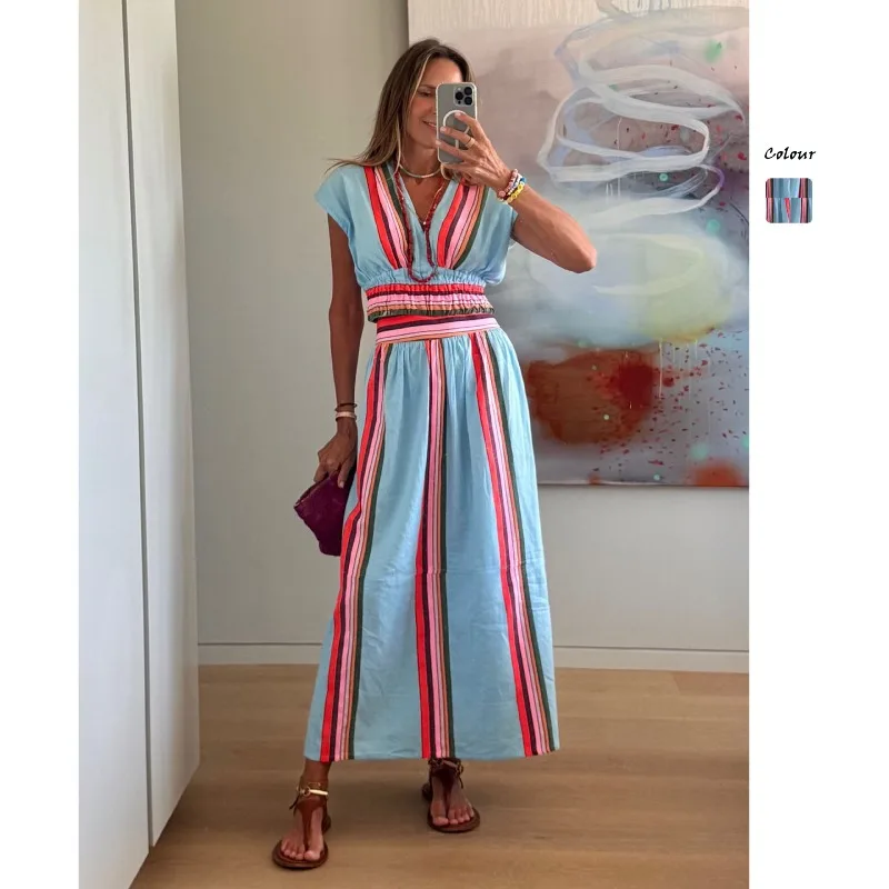 Women's Boho Striped 2 Piece Set V Neck Cap Sleeve Smocked Waist Top + Maxi Skirt Outfit for Summer Beach Vacation