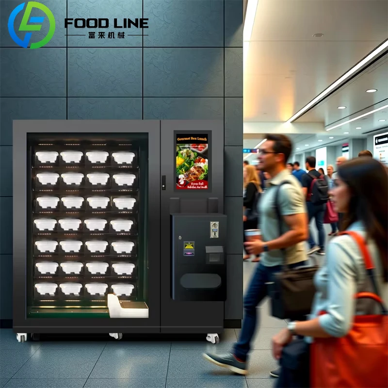 Kundenspezifischer automatischer Heißlebensmittelverkaufsautomat für Unternehmen. Professionelle Heißmehlenausgabegeräte mit Echtzeit-Heizsteuerung
