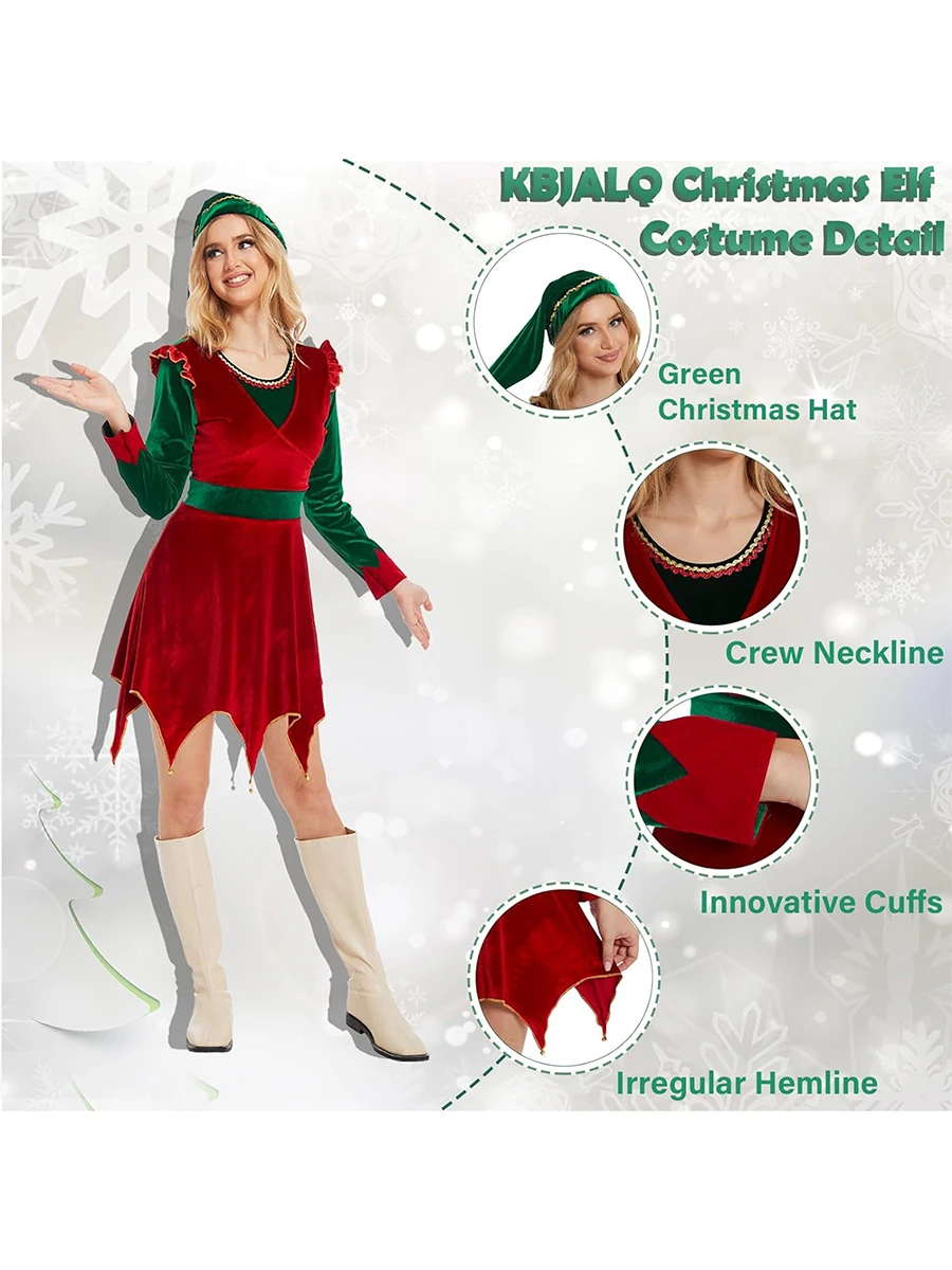 Costume da elfo di natale per donna, cappello da abito con orlo irregolare a maniche lunghe a contrasto per la festa di Halloween di natale