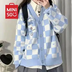 Sweter kardigan damski Cinnamoroll MINISO Kawaii Sanrio Kuromi moja melodia uroczy luźny, dzianinowy Anime Top w kratkę prezenty Y2K dla dziewcząt