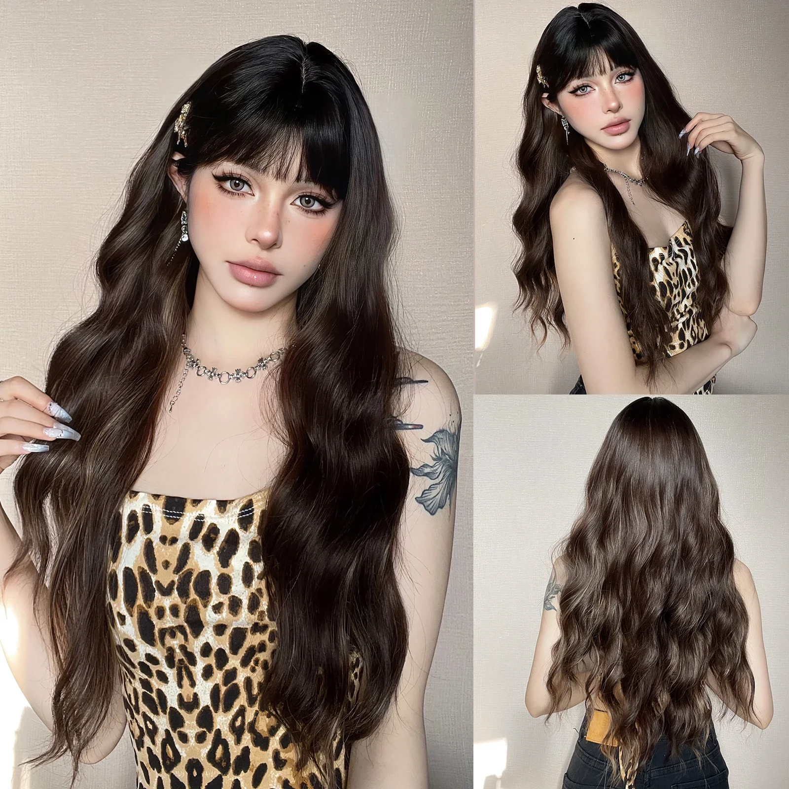 

Black Brown Long Wavy Women Wig Bangs Mixed Golden Body Wave Curly Natural Hair Synthetic Heat Resistant Fiber Wigs