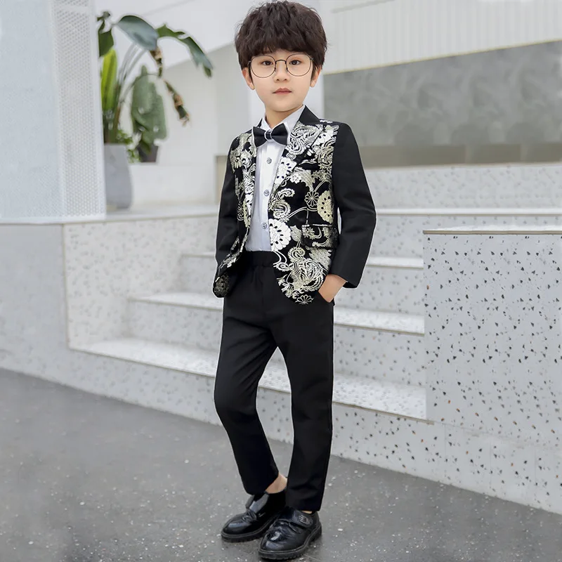 Children Formal Dress Kids Flower Jacket Pants Bowtie 3PCS  Piano Costume Boys Bronzing Show Host Handsome Photography Suit