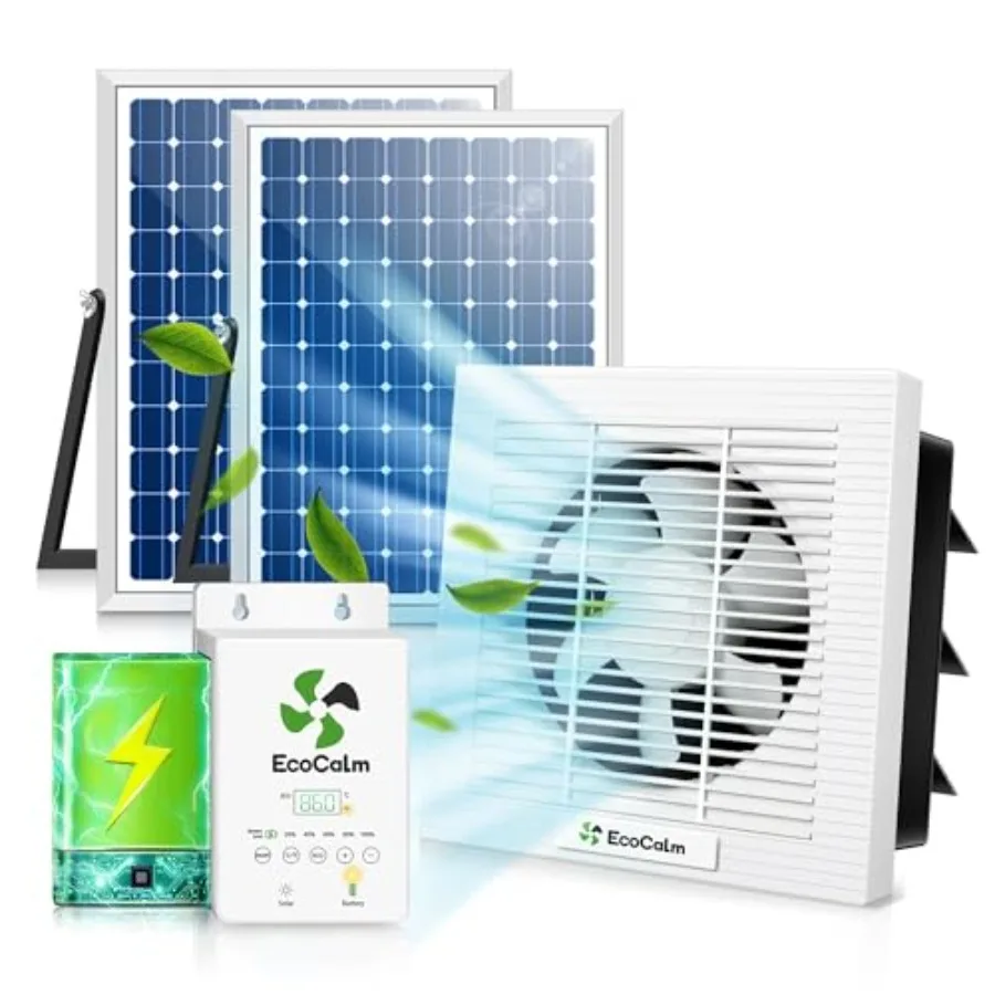 

Солнечный вытяжной вентилятор 8 дюймов с аккумулятором и регулируемым термостатом, вентиляционный вентилятор для теплиц, чердаков, гаражей, черный, 2P