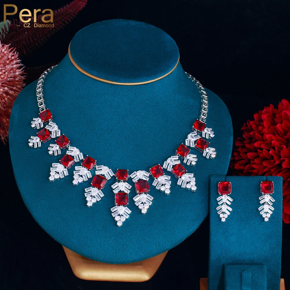 

Pera Gorgeous Red White Cubic Zirconia Luxury Wedding Jewelry Long Snowflower Design Pendant Necklace Earring Set for Women J508