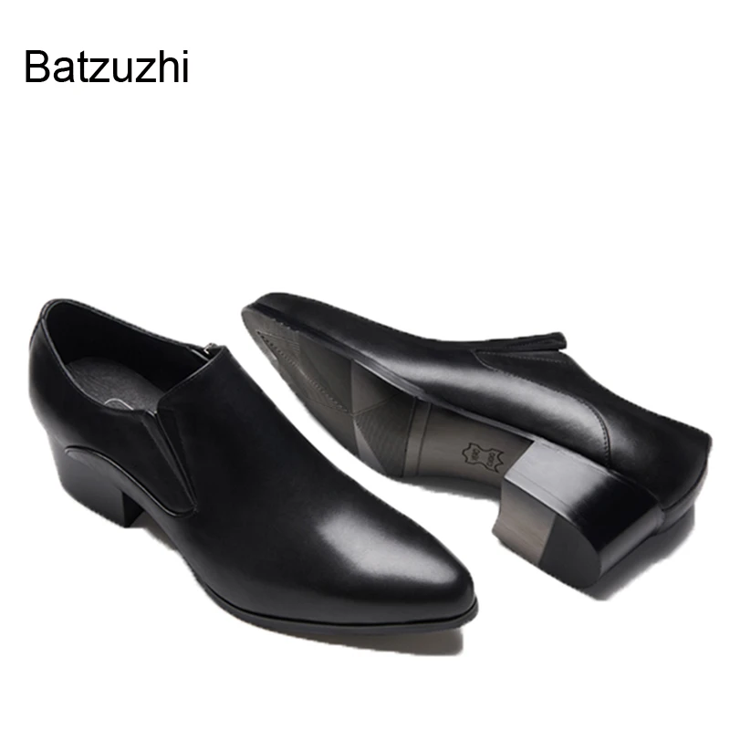 Batzuzhi 5CM High-heeled Men\'s Shoes Pointed-toe Men\'s Leather Shoes Cowhide Heightened Fashion Shoes Men Black Zip, Sizes 36-44