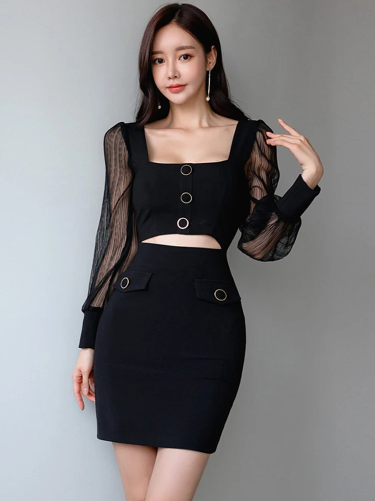 Casual Fashion Black Dress Women Chic Sexy Cut Out Hollow Sheer Long Sleeve Bodycon Mini Gown Skinny Party Club Mujer Vestidos