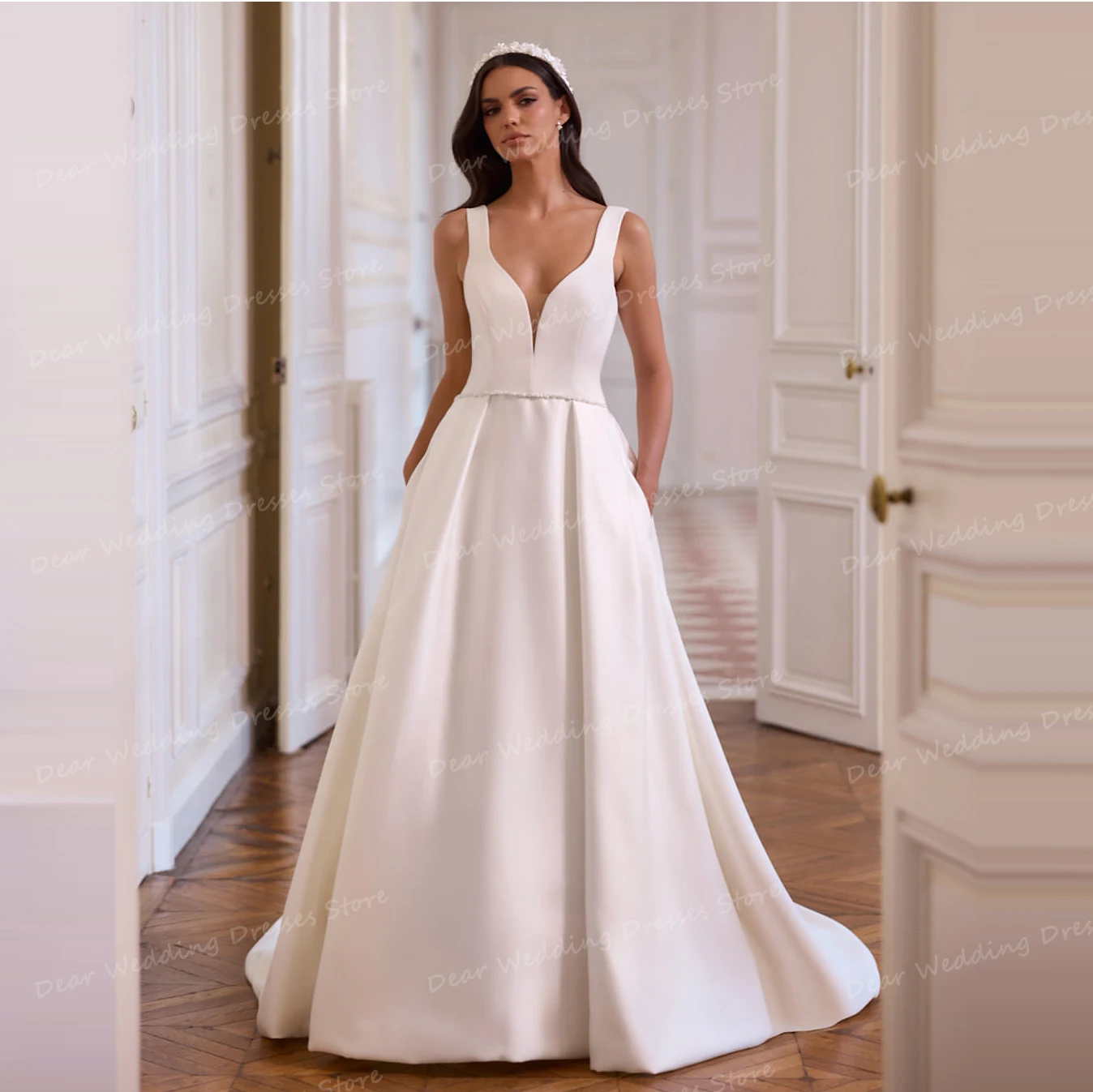 

Simple Satin Wedding Dresses A Line Women's Sexy V Neck Sleeveless Bride Gowns Split Backless Party Vestidos De Novia Customized