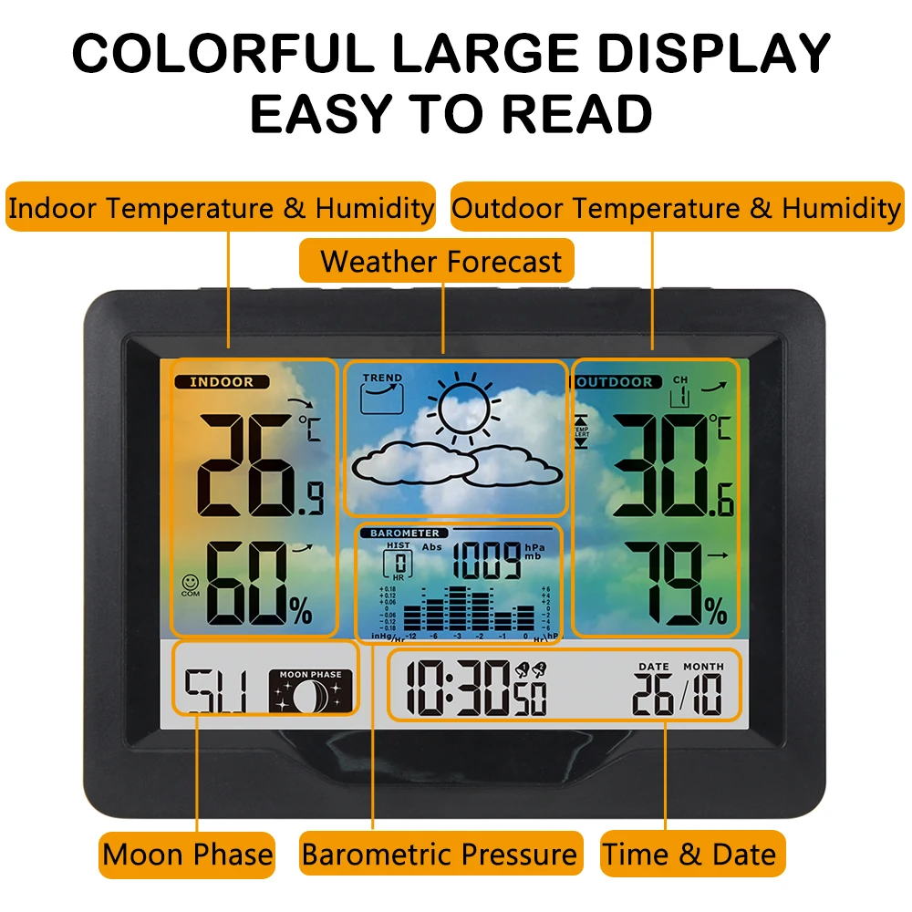 Multifunctional Wireless Weather Station Forecaster Indoor Outdoor Thermometer Hygrometer with Sensor Color Screen Alarm Clock