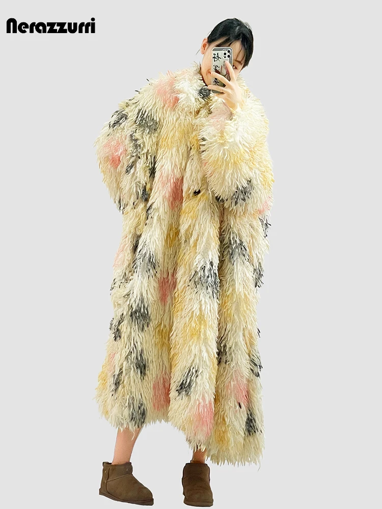 Nerazzurri Winter Long Oversized Colorful Multicolored Shaggy Hairy Warm Faux Fur Coat Women Loose Casual Fluffy Overcoat 2023