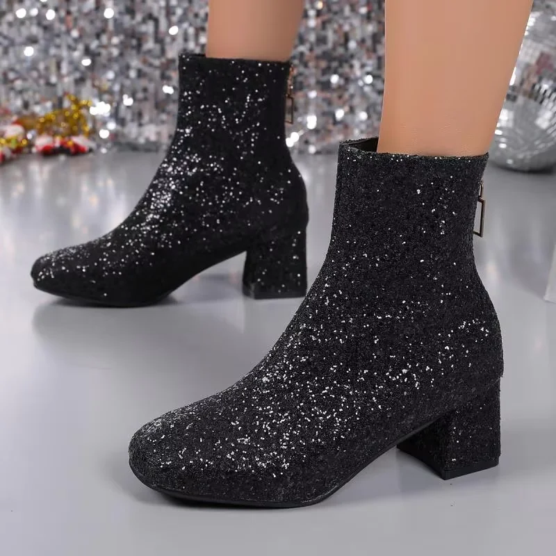 Luxury Sequin Thick High Heel Black Ankle Boots Women Winter 2026 Shiny Gold Silver Glitter Short Boots Lady Elegant Party Shoes