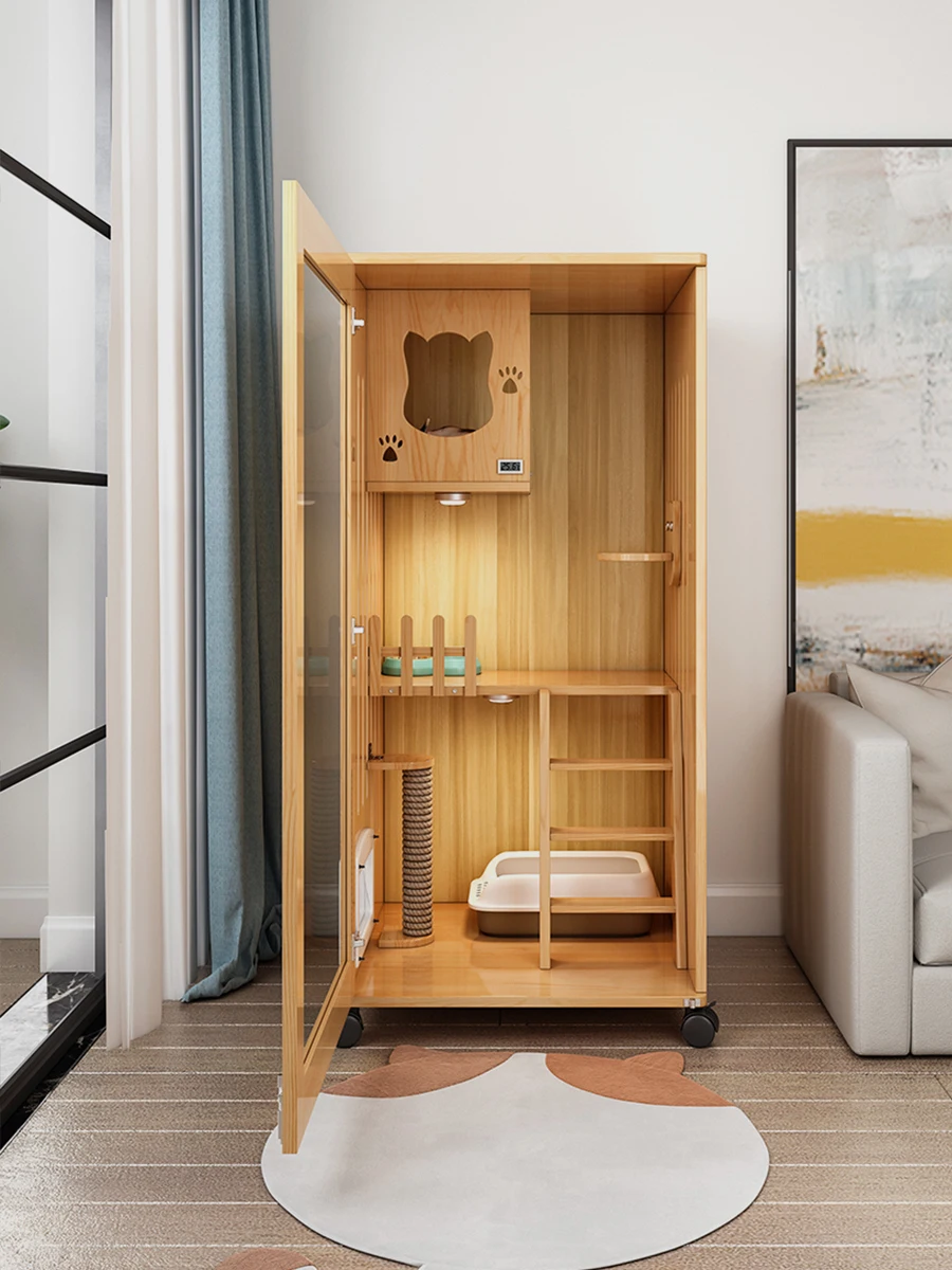 Villa para gatos de madera maciza, casa para gatos interior, cistería de lujo de dos pisos