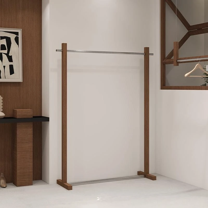 Clothing display Zhongdao floor-to-ceiling stainless steel clothes rod transfer walnut wood grain color