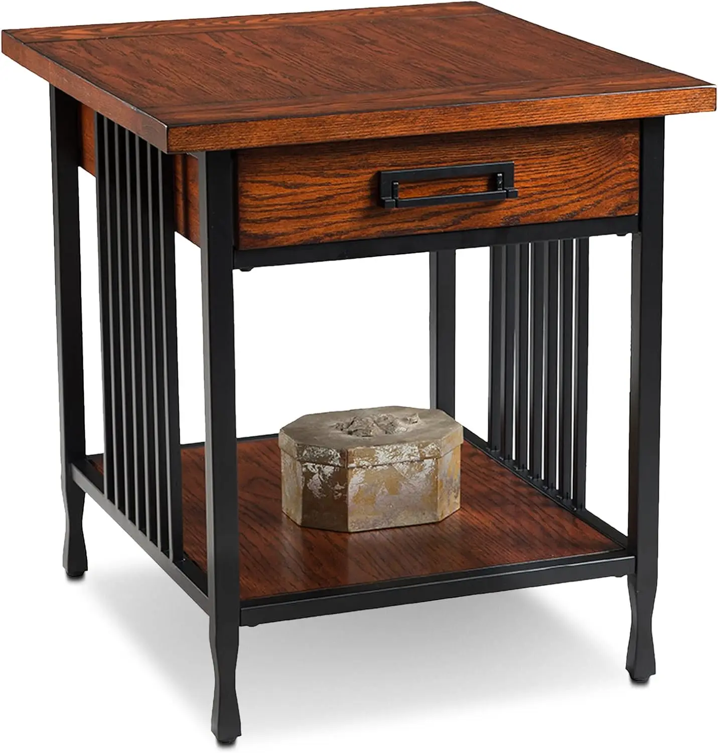 11207 Ironcraft Rustic One Side Shelf, End Table w/Drawer, Mission Oak and Black