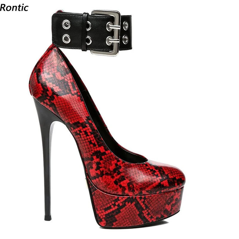

Rontic Handmade Women Platform Pumps Ankle Wrap Snake Sexy Stiletto Heels Round Toe Gorgeous Red Party Shoes Women US Size 5-20