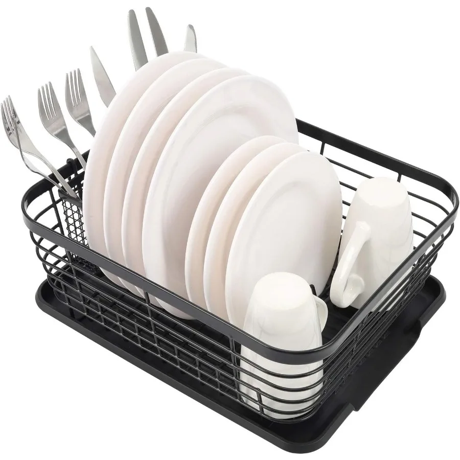 

Kitchen Dish Drainer Rack with Drying Board and FullMesh Silverware Utensils Holder Black