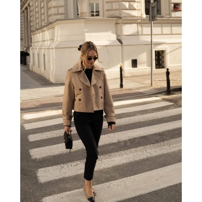 Luxury Brand Spring Autumn Trench Coat New Lapel Double-Breasted Short Windbreaker Bomber Jacket Outerwear Top Long Sleeves