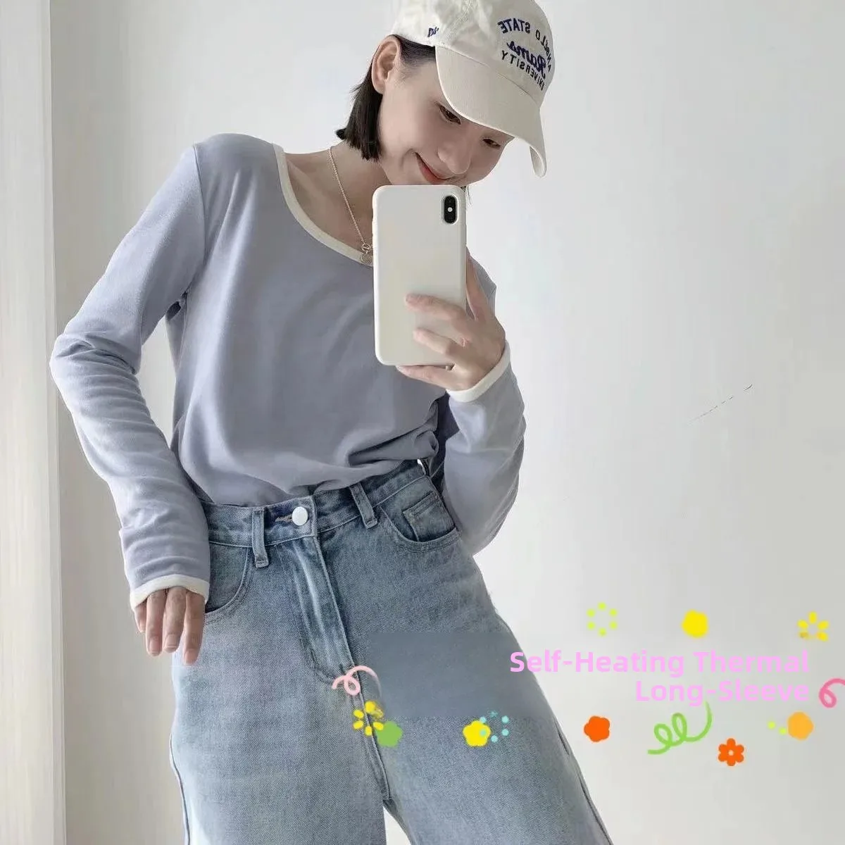 Self-Heating Double-Sided Velvet Thick Long Sleeve round Neck T-Shirt Women's Base Shirt Cream Color Block Korean Style Commute