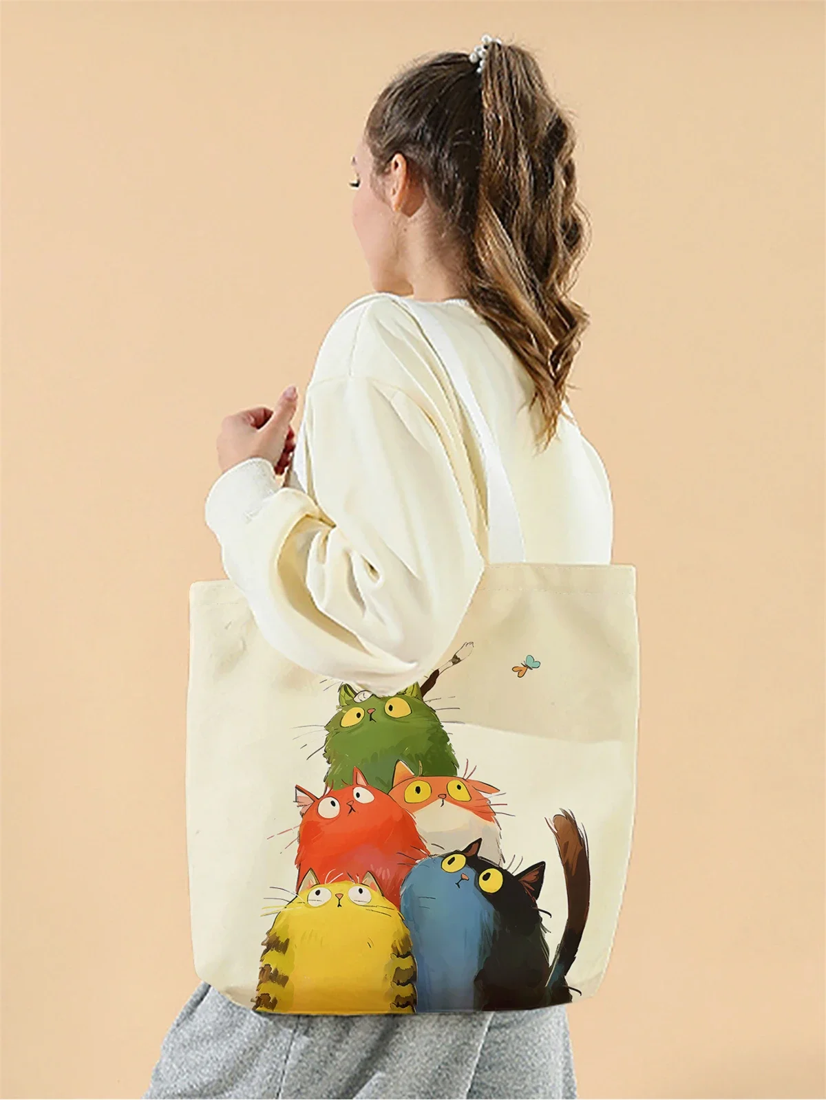

1pc,cartoon Stacked Cat Handbag, Reusable Fashionable Handbag, Multifunctional Handbag, Printed Shopping Bag