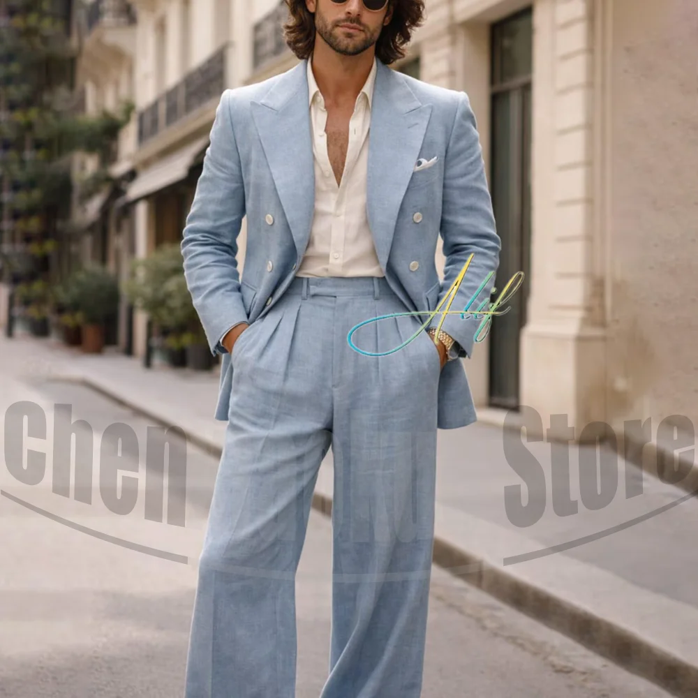 Men Linen Suit 2 Piece Chic Wide Peak Lapel Double Breasted Blazer and Pants Smart Casual Formal Summer Wedding Party Tuxedo