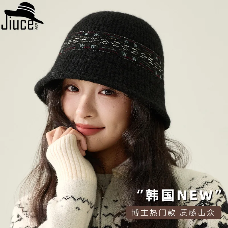 Retro Colored Jacquard Knit Bucket Hat Outdoor Girls Small Face Enhancing Knit Hat Fisherman Hat Czapka Zimowa Damska 4m701