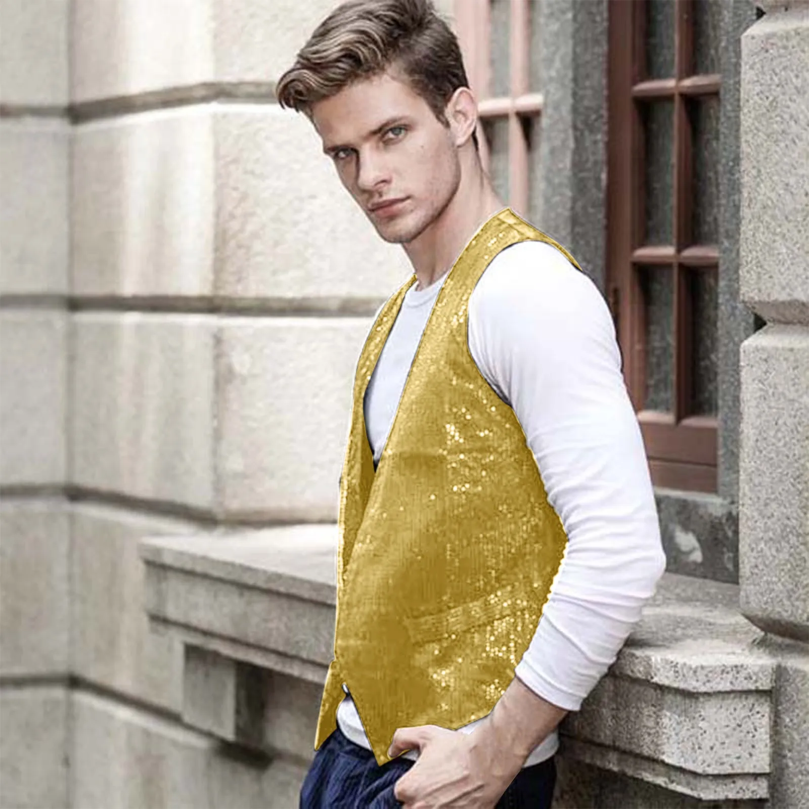 

Men's Sequin Suit Vests Slim Fitting Business Wedding Sleeveless Tanks Solid Color V Neck Pocket Button Men's Outerwear Vests