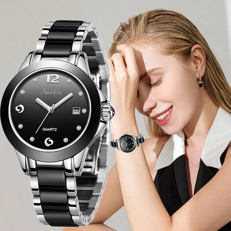 LIGE Sunkta Elegant Fashion Quartz Watches for Woman Auto Date Simple Dial Diamond Waterproof Ladies Bracelet Women's Wristwatch