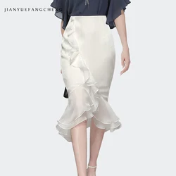 Fashion Ruffles White Satin Skirt 2024 Summer New High Waist Ruffles Mid-length Skirts Solid Color Casual Mermaid Skirts