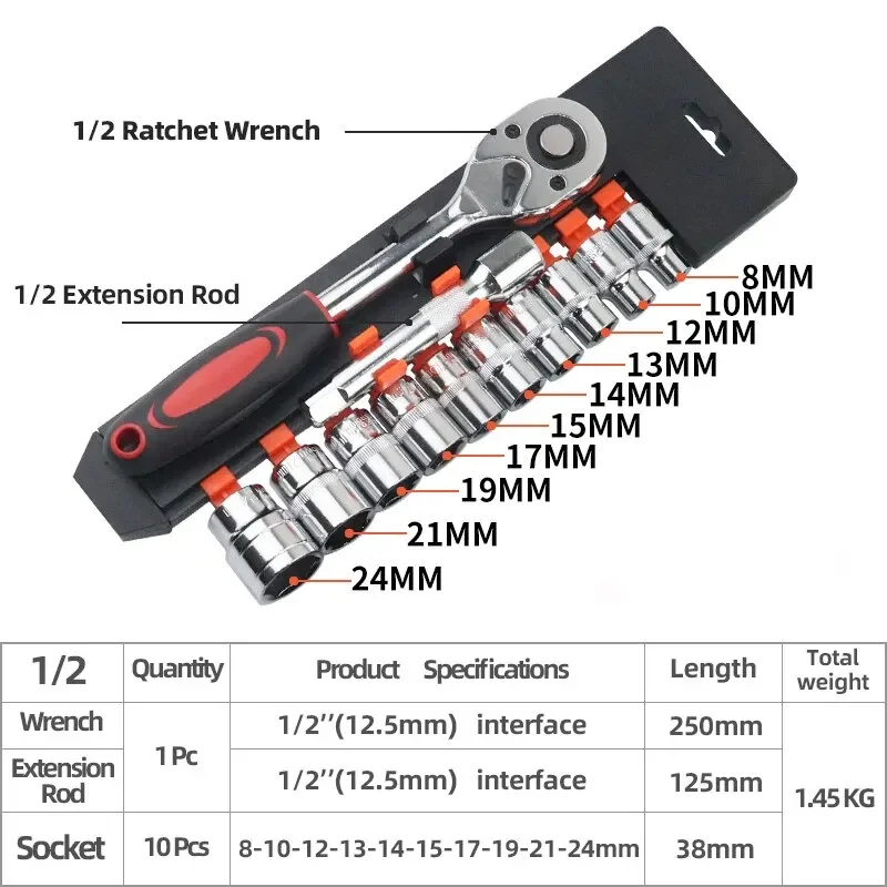 New 12pcs 1/2 Inch Socket Wrench Set Metric Impact Sockets Ratchet Spanner Complete Tool Kit Professional Garage Repair Tool