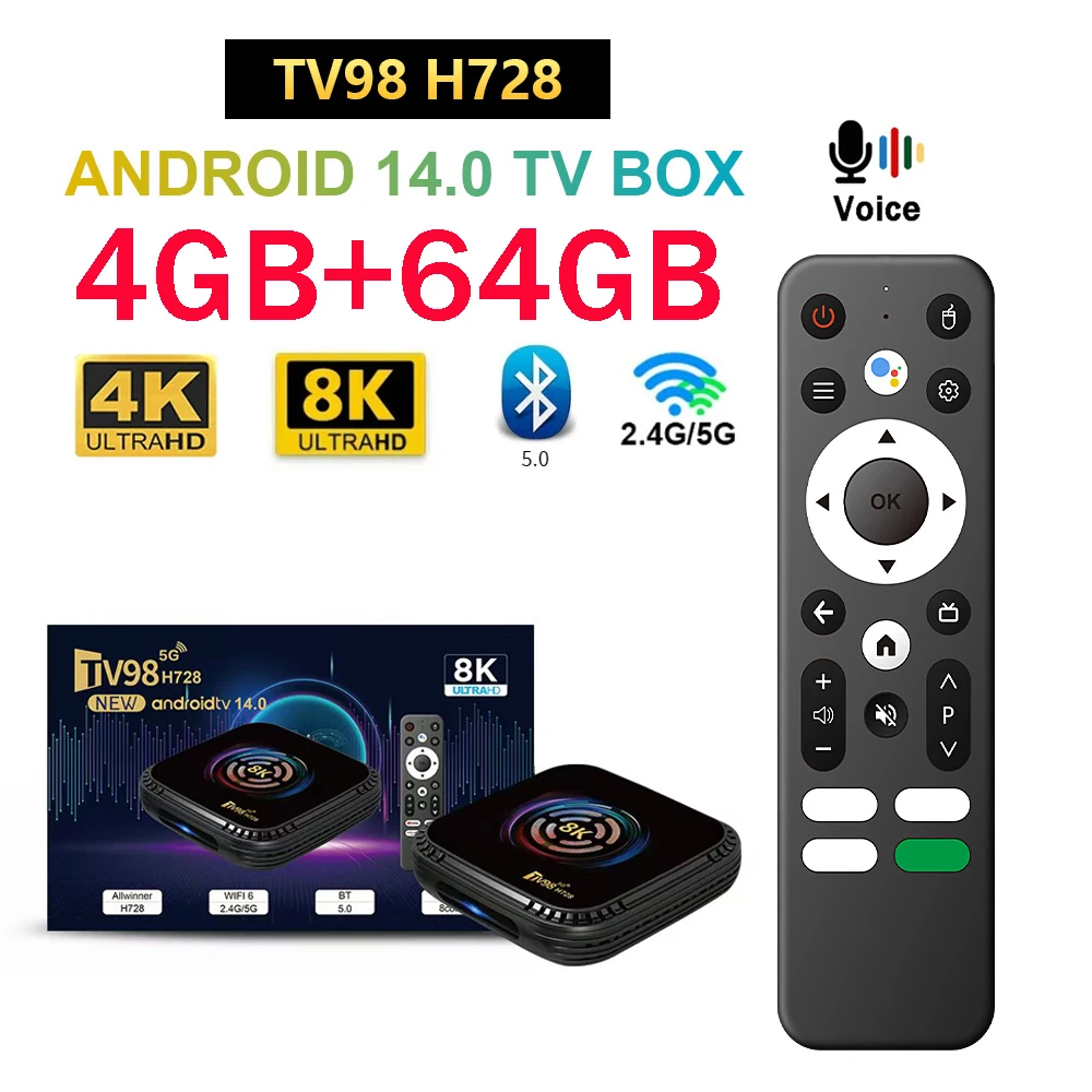 TV98 H728 TV Box Android 14 Allwinner H728 رباعي النواة يدعم 4K 8K HD 4G 5G Dual WiFi BT5.0 4GB 64GB صوت عن بعد iptv