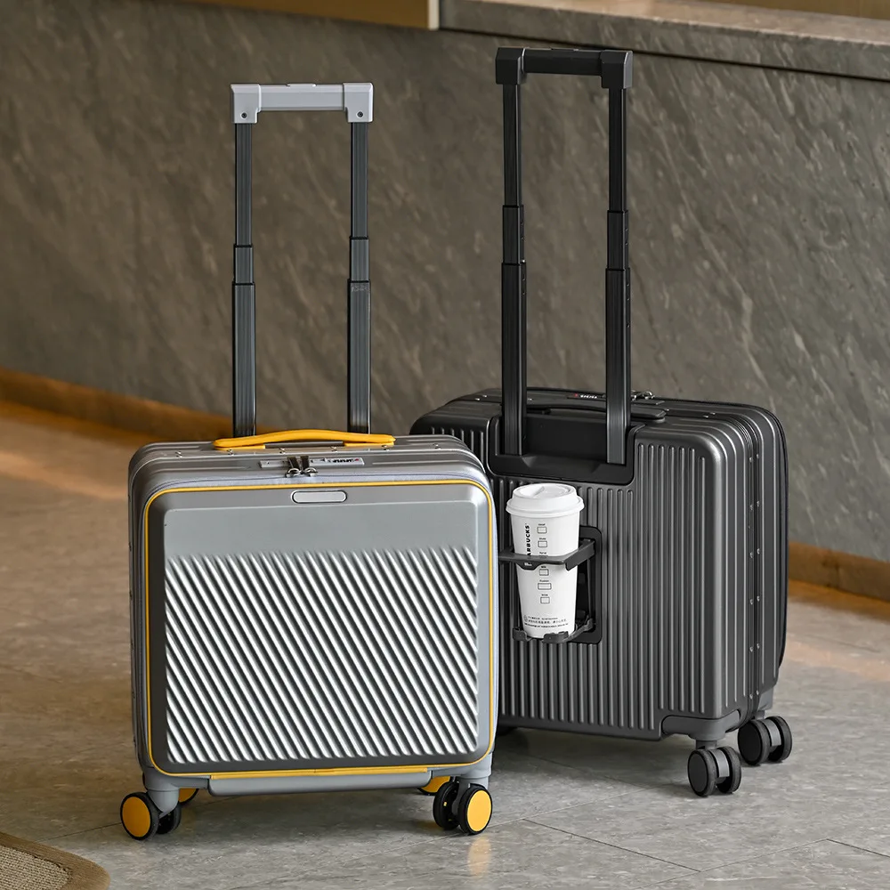 18 Front Opening Carry On Suitcase Aluminum Frame Color-Block Travel Cabin Luggage 1:9 Opening Multi-Functional Trolley Case