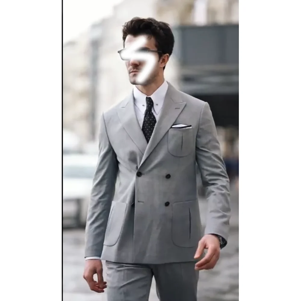 

Fashion Grey Peaked Lapel Double Breasted Men Suits 2 Pieces (Jacket+Pants) Wedding Formal Party Fashion Man Sets Banquet Sets