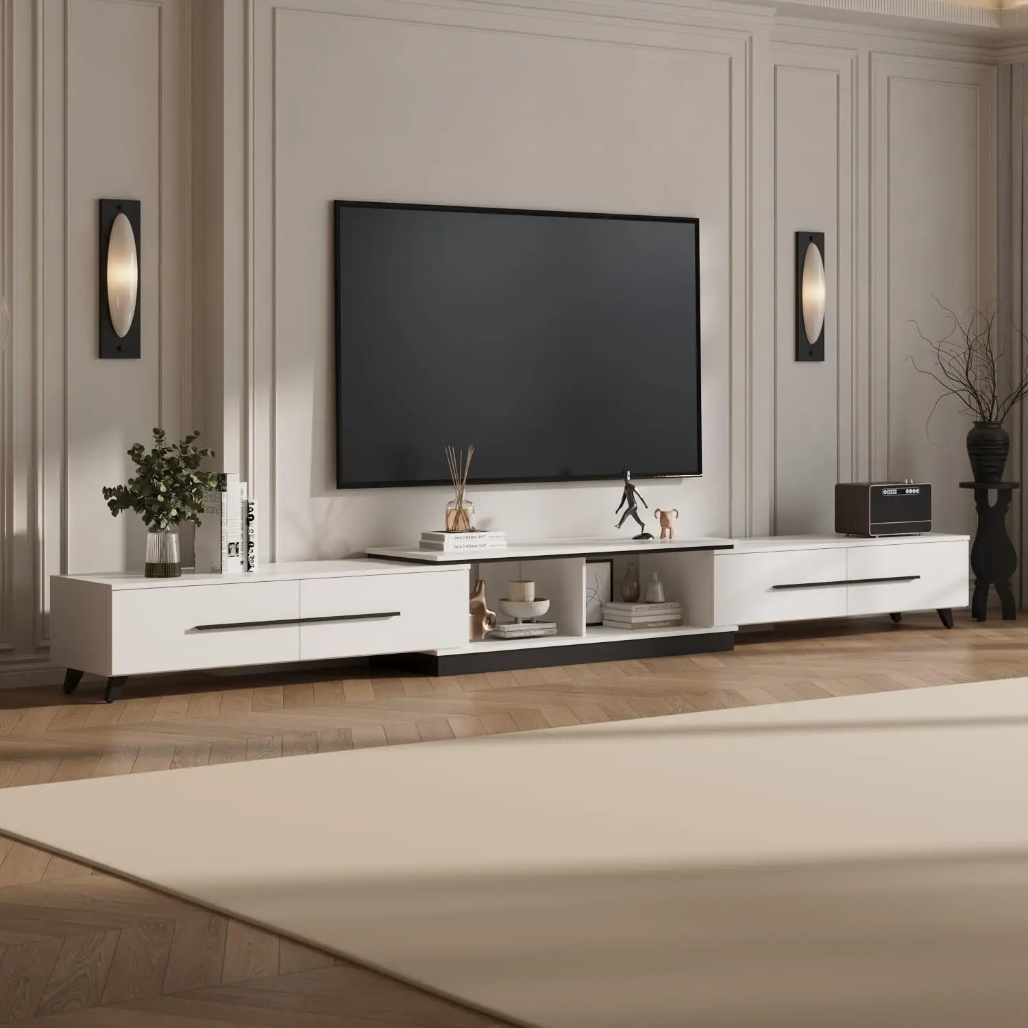 Meuble TV réglable en longueur et en forme, console multimédia 100 pouces, 4 tiroirs, 2 étagères, sa