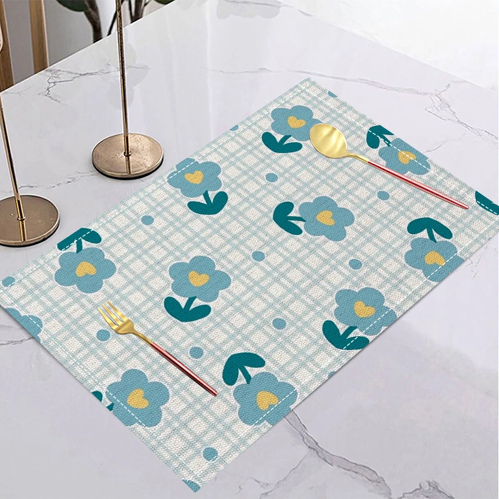 Green Gingham Floral Table Mat Light Green White Checkered Pattern with Blue Center Placemat Insulated Placemat