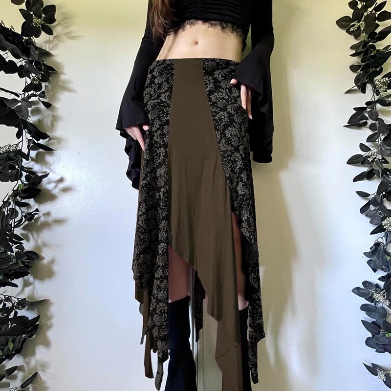 Retro Einfarbig Floral Patchwork frauen Röcke Hohe Taille Unregelmäßigen Saum Knöchel-länge Rock Frühen Herbst Neue A-linie röcke