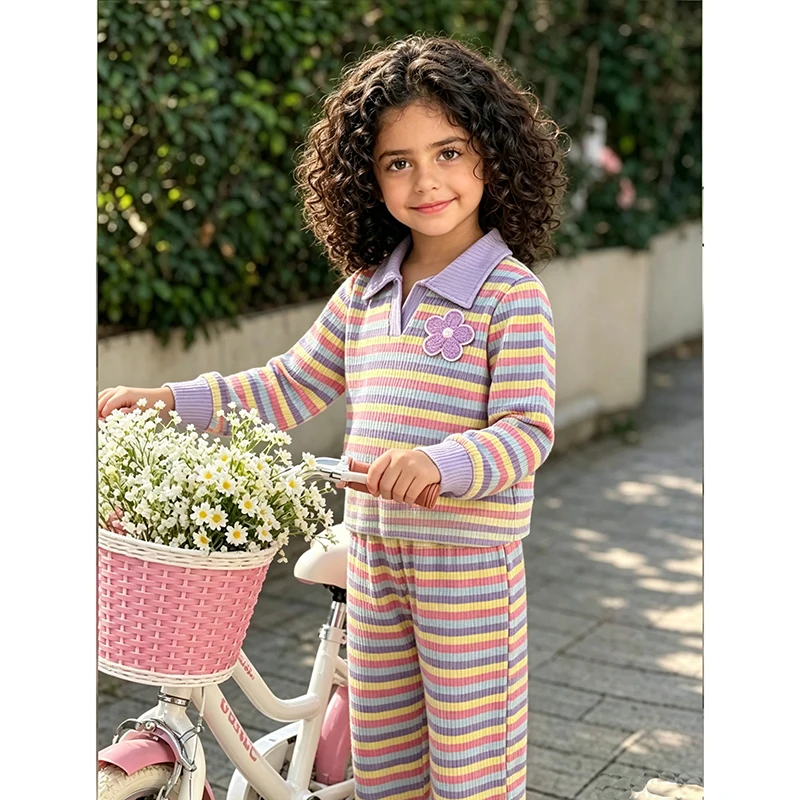 Kids Girls 4-7 Cute Two Piece Set, Striped Lapel Long Sleeve Shirt Floral Patch Matching Loose Wide Leg Trousers Daily Suit