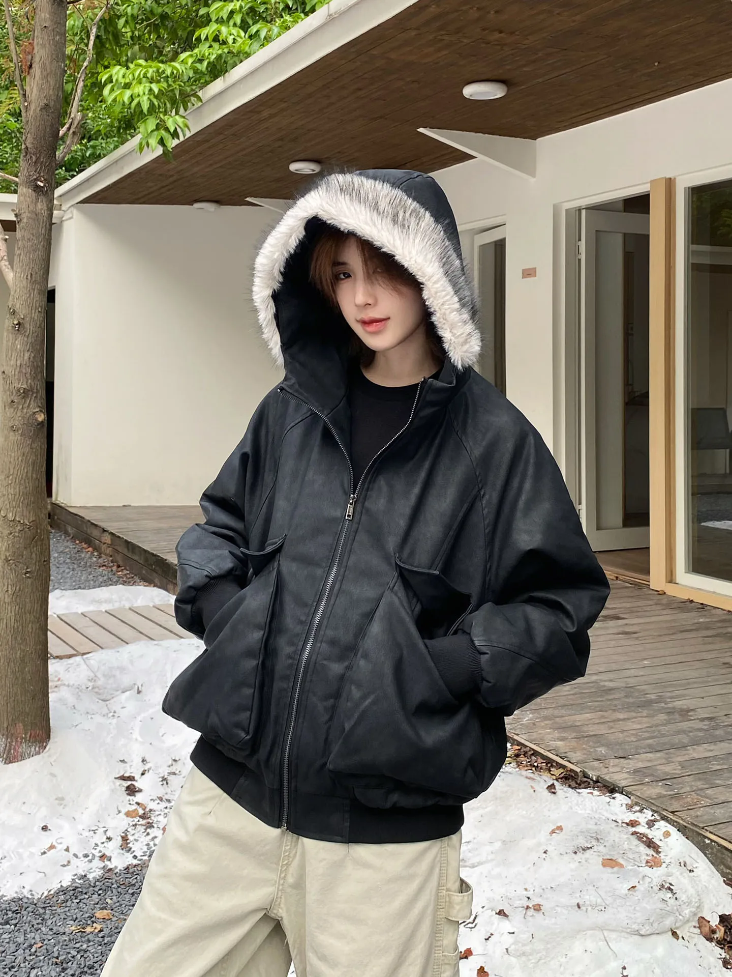 

Ja1 Detachable Fur Collar Biker Cotton Jacket Loose Warm Neutral Style Women's Winter Coat Streetwear Casual Long Sleeve Zipper