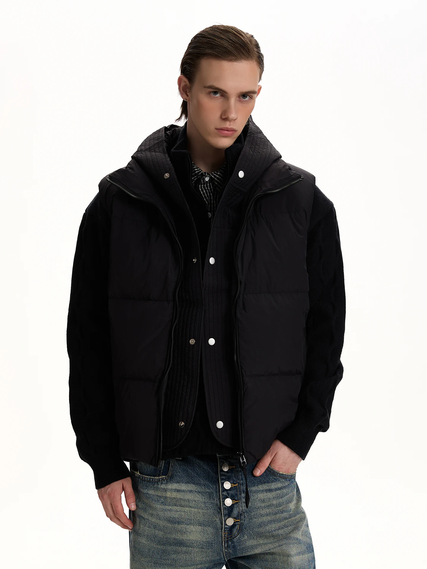 

PUEE Американский ретро-жилет с капюшоном 90, белый ду пуховый жилет, легкий коф-стойка с воротником-стойкой для мужчин и молодежи, тепло в...