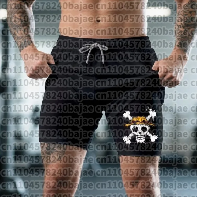 

One Piece Men's Shorts Double Layer 2-in-1 Shorts Straw Hat Pirates' Jolly Roger Anime Summer and Autumn Fake Two-piece Pants