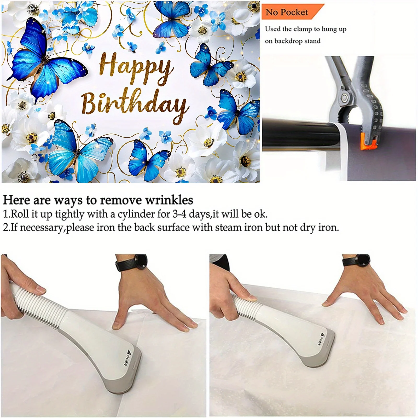 1 blauer Schmetterlingshintergrund, Happy Birthday, Blumendekoration, Sternschnuppe, Schmetterlingssegen, Dekoration für Themenpartys – Detail 7