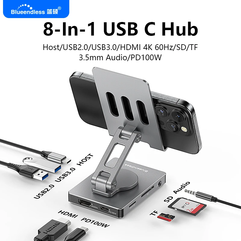 

360 ° Вращающаяся и складная док-станция USB 3.0 для Iphone, переключатель, 8 в 1 с 5 Гбит/с, считывателем SD TF, PD 100 Вт, аудио 3,5 мм