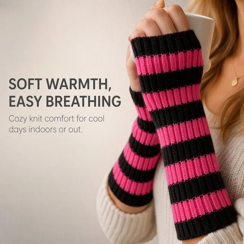 Women's color-block striped knitted gloves, new autumn/winter style, mid-length, fingerless, warm and fashionable arm warmers