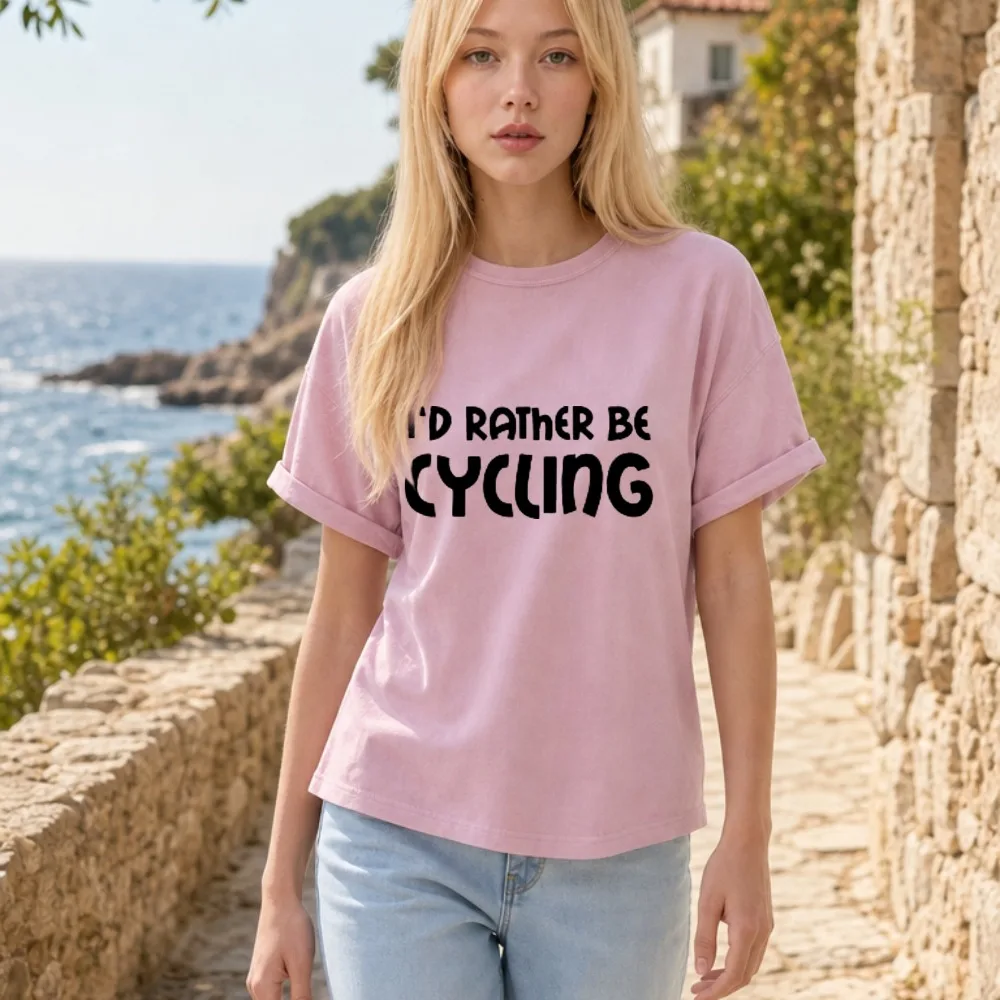 I'd Rather Be Cycling Bold Letter Print Men Cotton T Shirt Passion for Cycling Slogan Short Sleeve Unisex Loose Daily Street Top