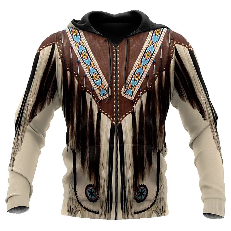 Vintage Ethnic Style Pattern Zipper Hoodie Fashion Trend Mens 3D Tribe Graphic Printed Zip Up Hoodies Casual Oversized Pullovers