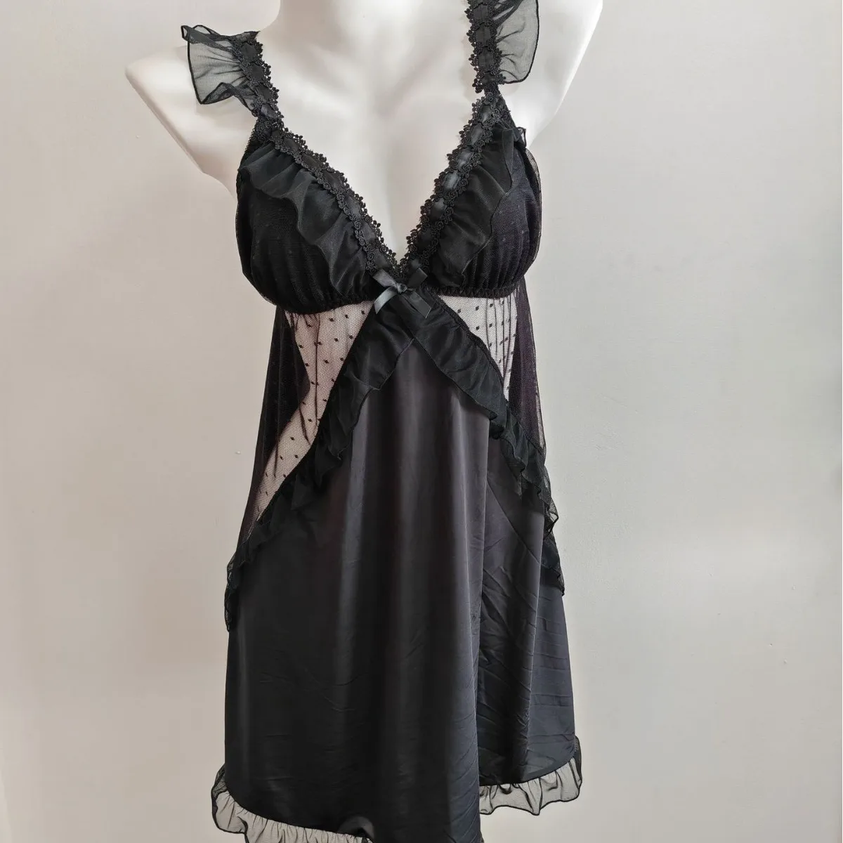 Women Black Ice Silk Nightgown Set Spaghetti Strap Bow Lace Ruffle Sleep Dress With Matching Panties Sexy Lingerie Home Pajamas view 4