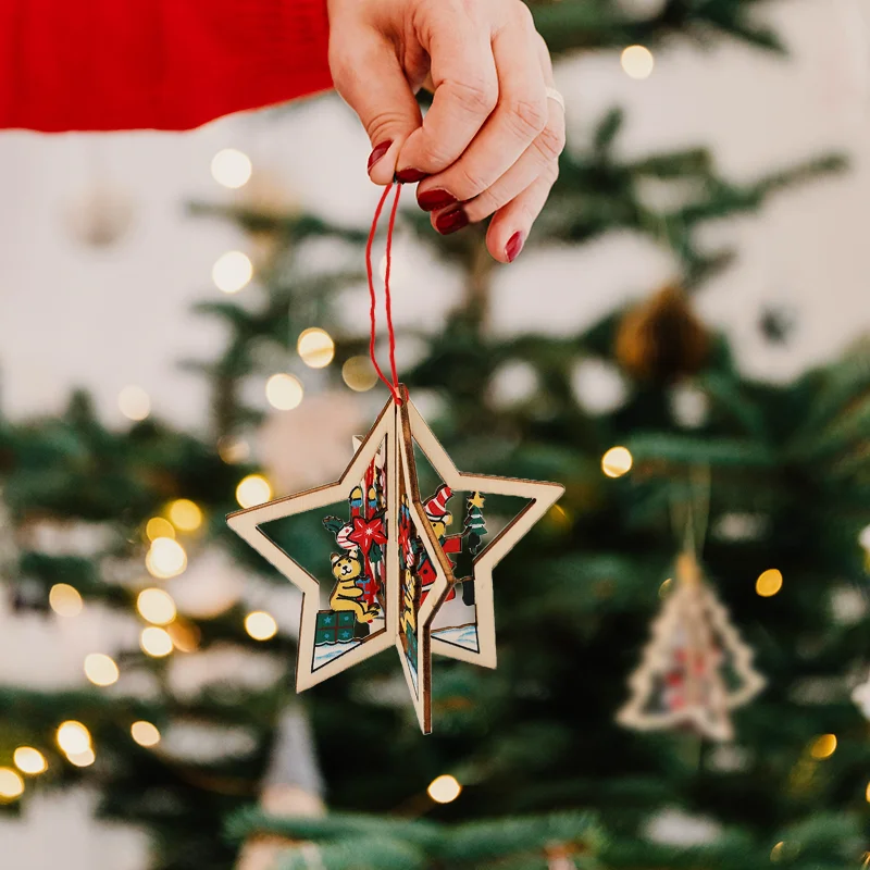 1PC Christmas Wooden Pendants 3D Star Bell Xmas Tree Hanging Ornaments For Home Christmas Decoration New Year Navidad Kids Gifts
