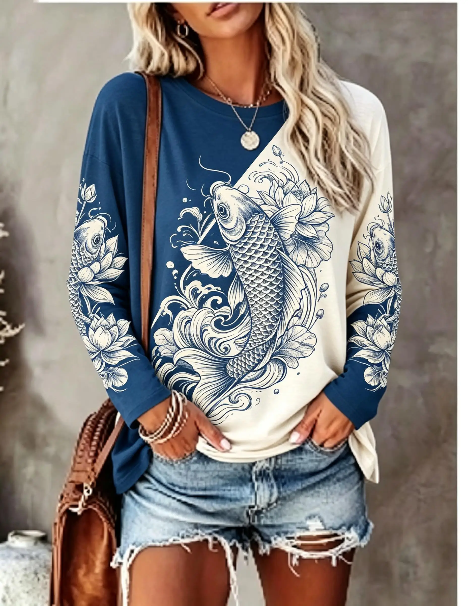 Women Long Sleeve T Shirt Vintage Phoenix Floral Scroll Color Block Print Crew Neck Casual Fall Tops